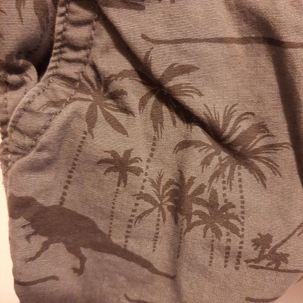 OshKosh B'Gosh 6M Bib Overall Shorts gray Dinosaurs/Palm Trees snap bottom